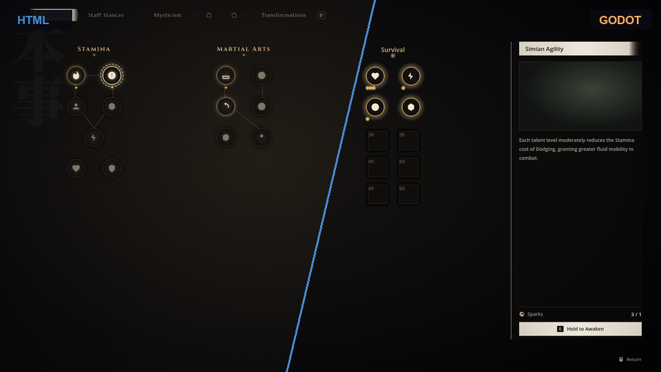 A game UI in the browser beside the same screen converted to Godot Control nodes