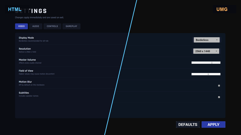 A settings screen in the browser beside the same screen imported into Unreal